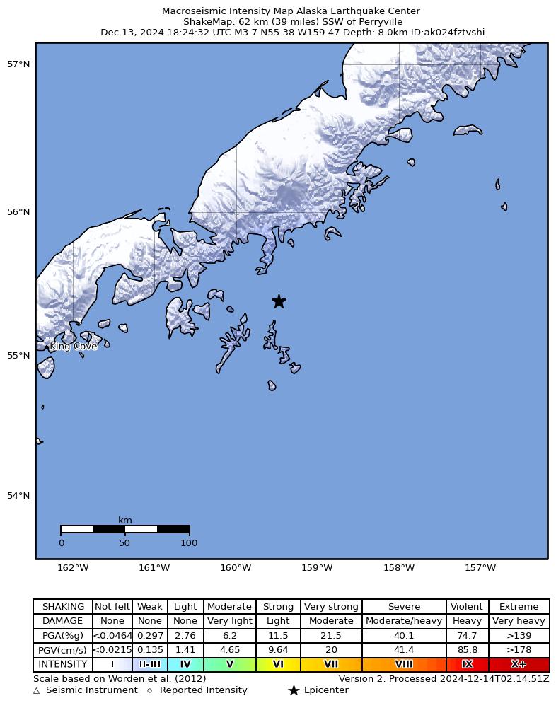 USGS ShakeMap intensity contours for the M3.7 earthquake near 51 km S of Ivanof Bay, Alaska