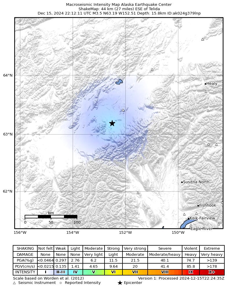 USGS ShakeMap intensity contours for the M3.5 earthquake near 55 km SW of Denali National Park, Alaska