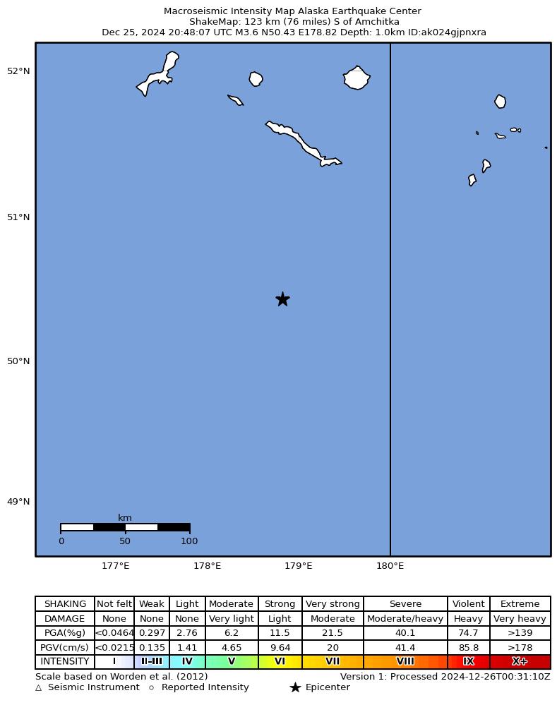 USGS ShakeMap intensity contours for the M3.7 earthquake near Rat Islands, Aleutian Islands, Alaska