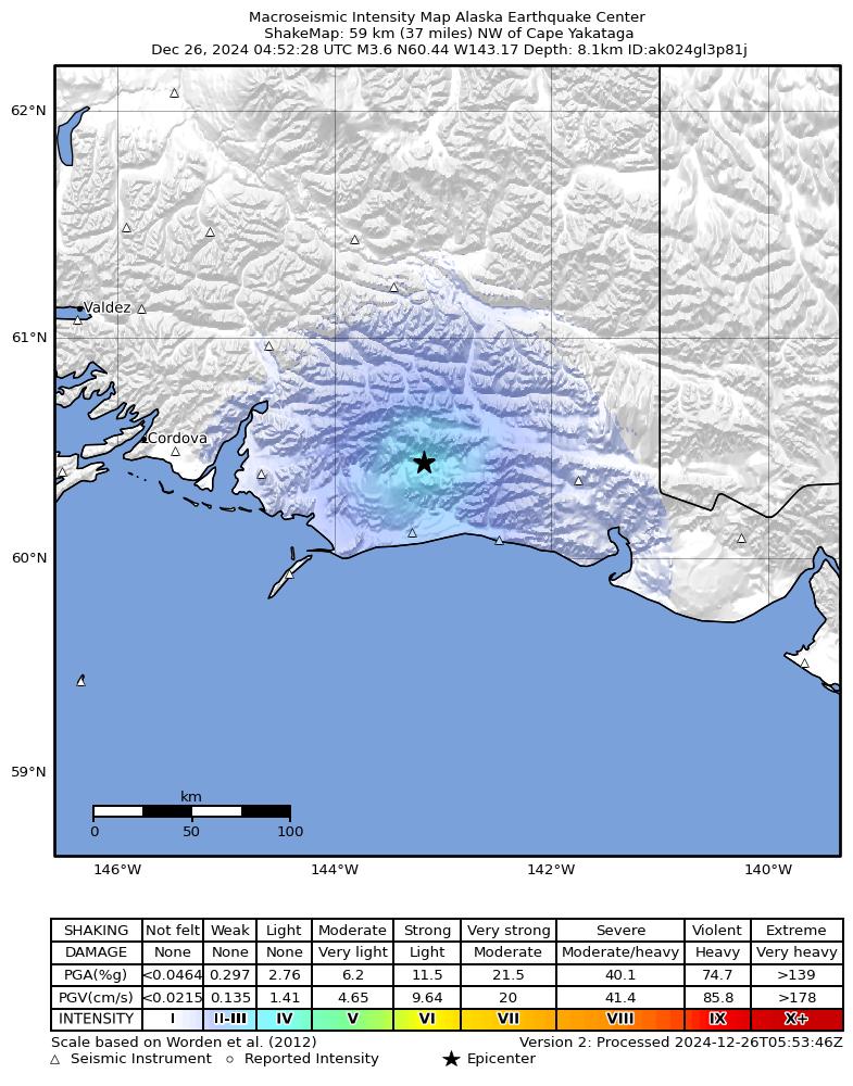 USGS ShakeMap: estimated shaking intensity around the epicenter
