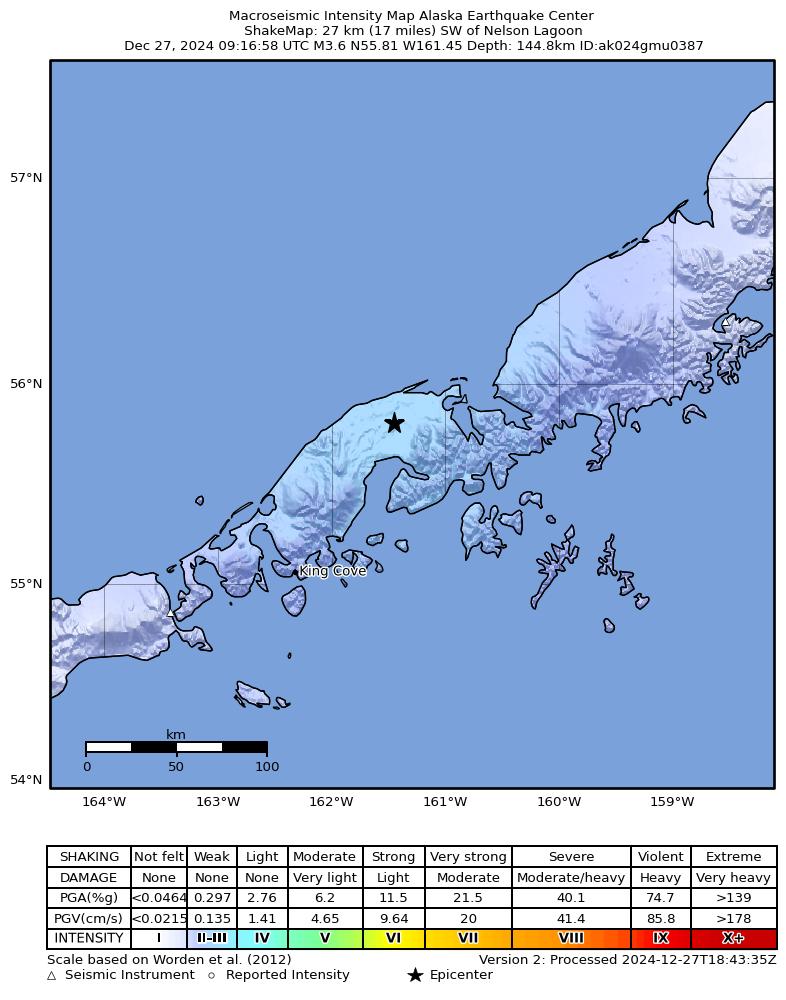 USGS ShakeMap: estimated shaking intensity around the epicenter