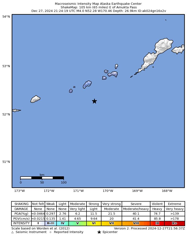 USGS ShakeMap intensity contours for the M3.9 earthquake near 132 km SW of Nikolski, Alaska