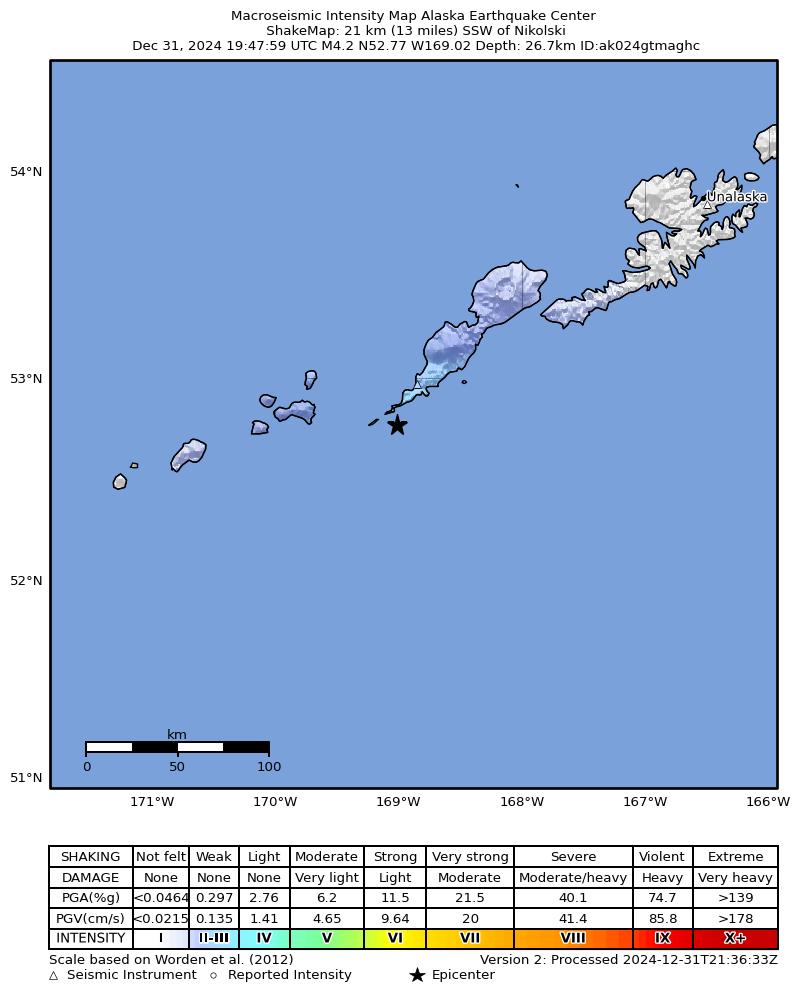 USGS ShakeMap intensity contours for the M4.1 earthquake near 19 km SW of Nikolski, Alaska