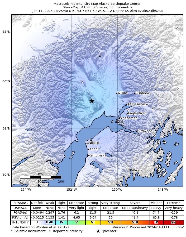 USGS ShakeMap intensity contours for the M3.7 earthquake near 32 km W of Susitna, Alaska