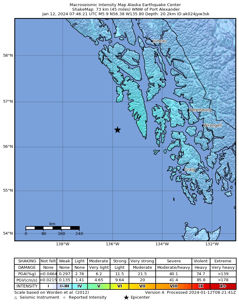 USGS ShakeMap intensity contours for the M5.9 earthquake near 69 km WNW of Port Alexander, Alaska