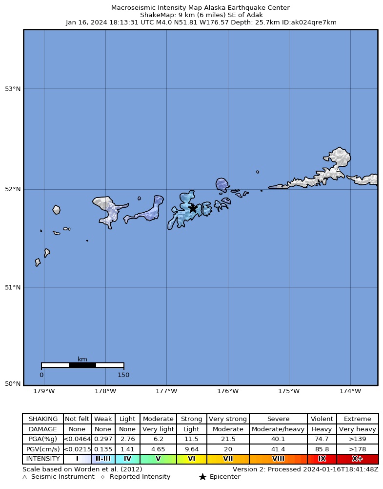 USGS ShakeMap intensity contours for the M4.1 earthquake near 11 km SSE of Adak, Alaska