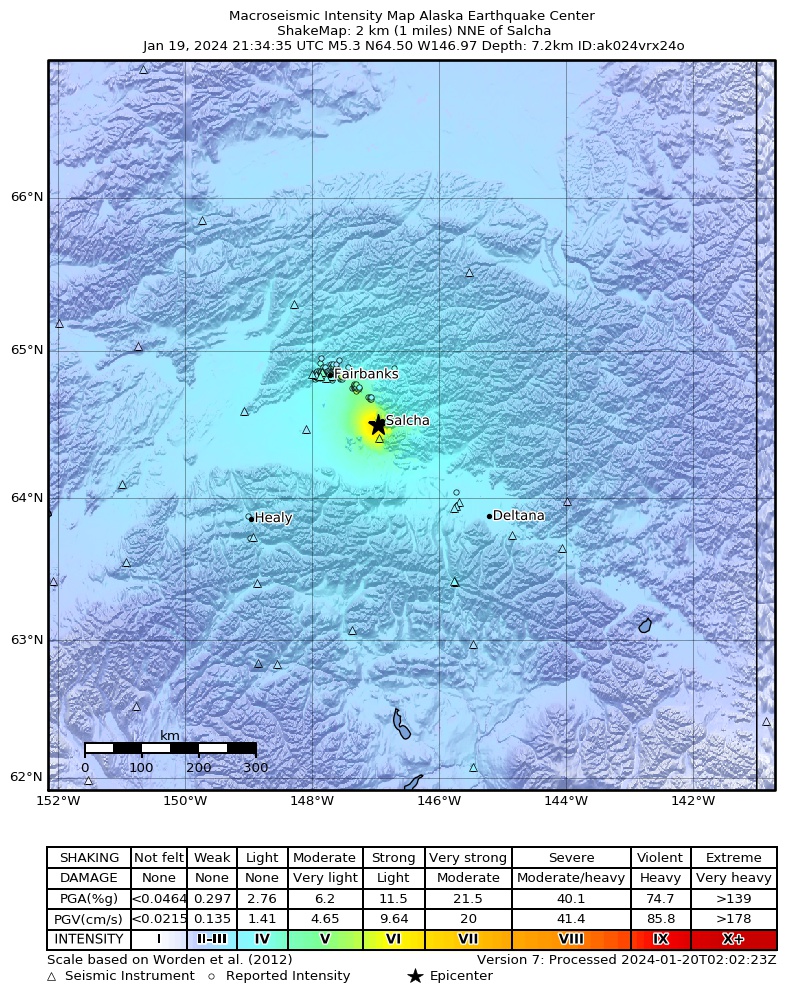 USGS ShakeMap intensity contours for the M5.3 earthquake near 4 km SW of Salcha, Alaska