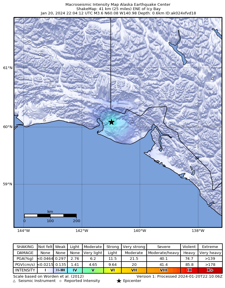 USGS ShakeMap intensity contours for the M3.5 earthquake near 93 km NW of Yakutat, Alaska