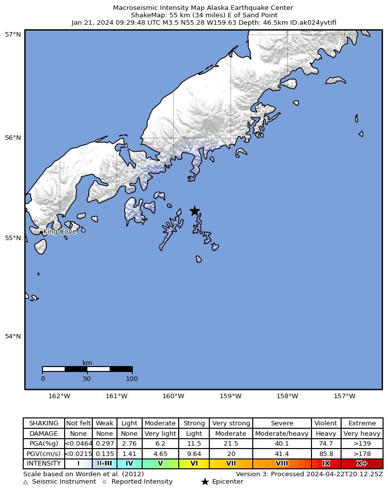 USGS ShakeMap: estimated shaking intensity around the epicenter