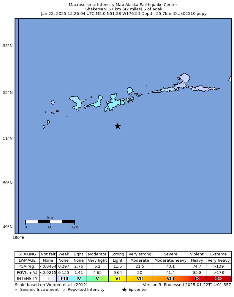 USGS ShakeMap intensity contours for the M4.9 earthquake near 51 km S of Adak, Alaska