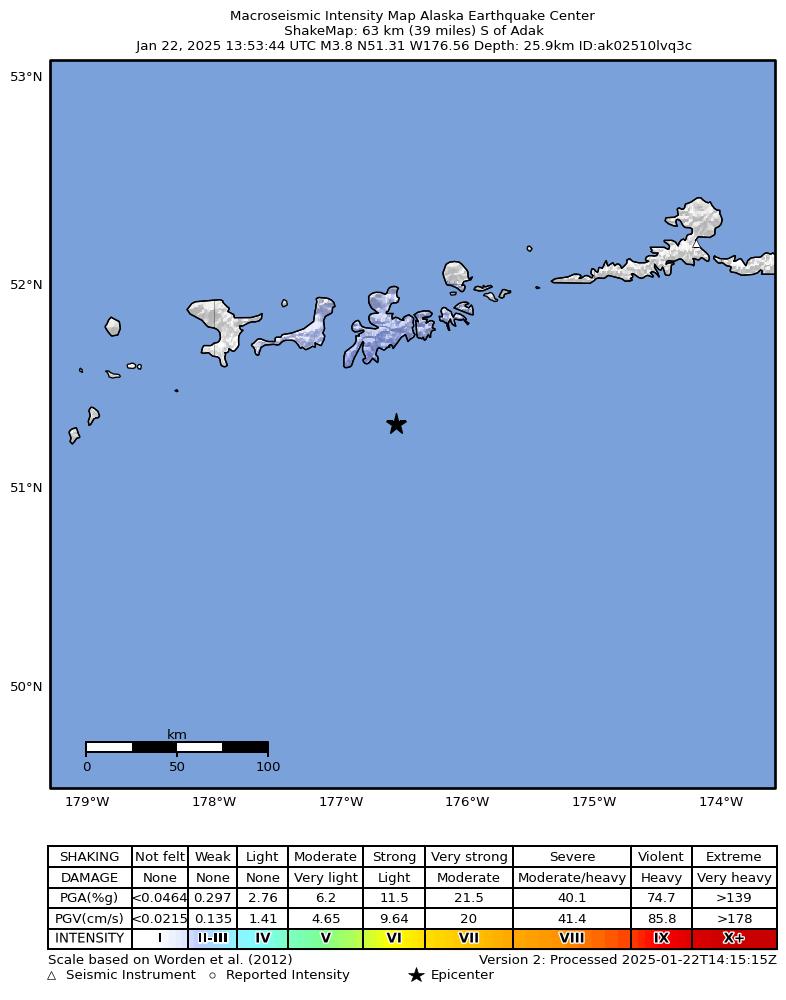 USGS ShakeMap: estimated shaking intensity around the epicenter