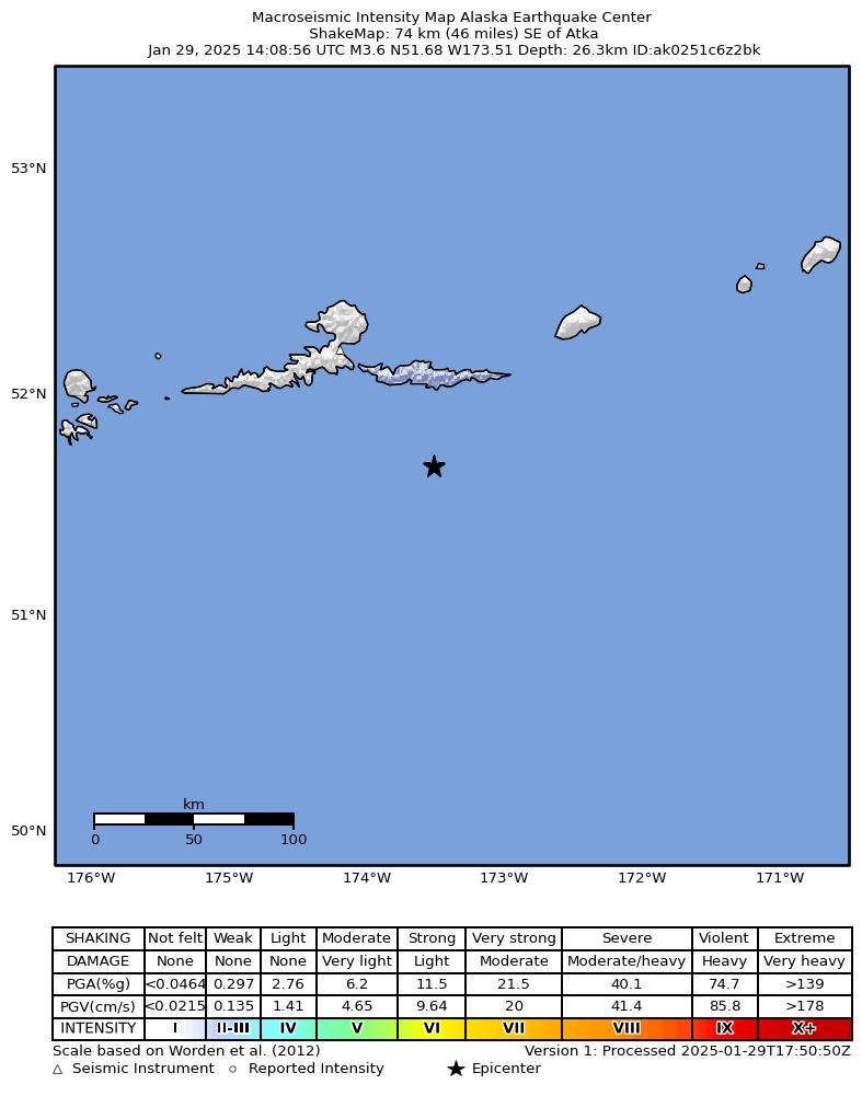 USGS ShakeMap: estimated shaking intensity around the epicenter
