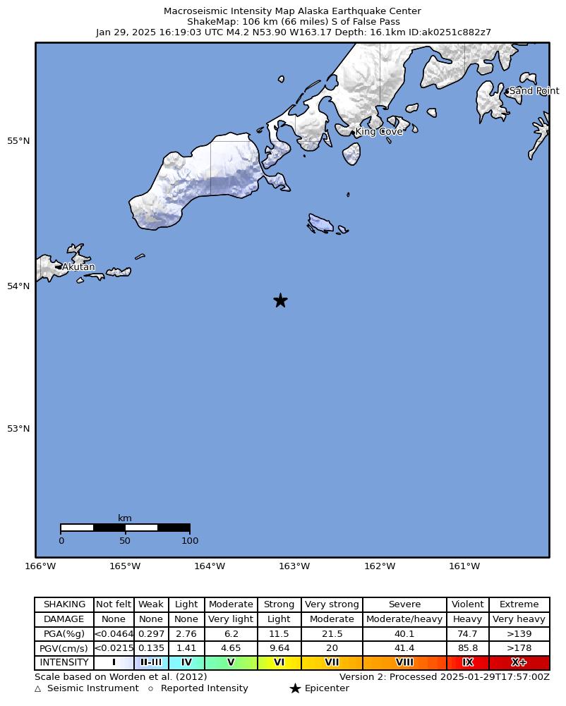 USGS ShakeMap intensity contours for the M4.2 earthquake near 105 km S of False Pass, Alaska