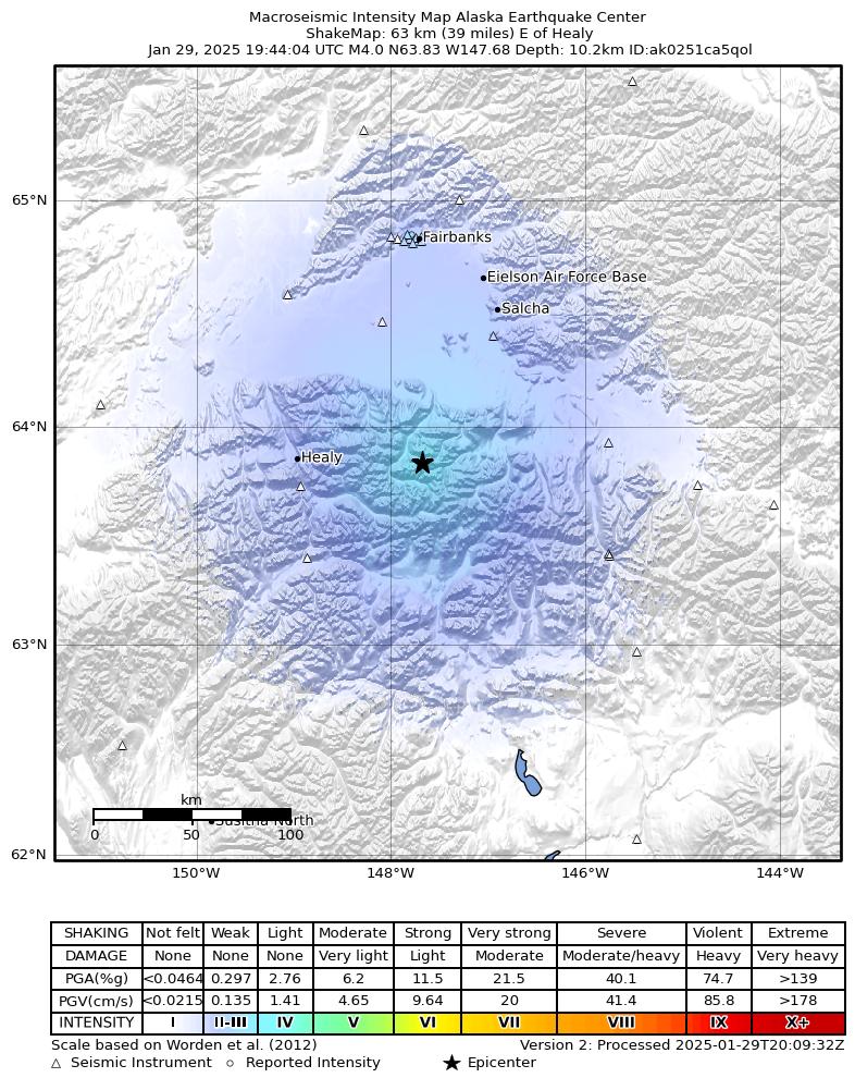 USGS ShakeMap intensity contours for the M3.9 earthquake near 62 km E of Denali Park, Alaska
