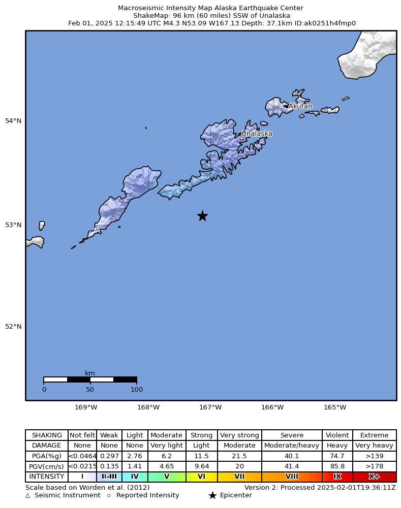 USGS ShakeMap: estimated shaking intensity around the epicenter
