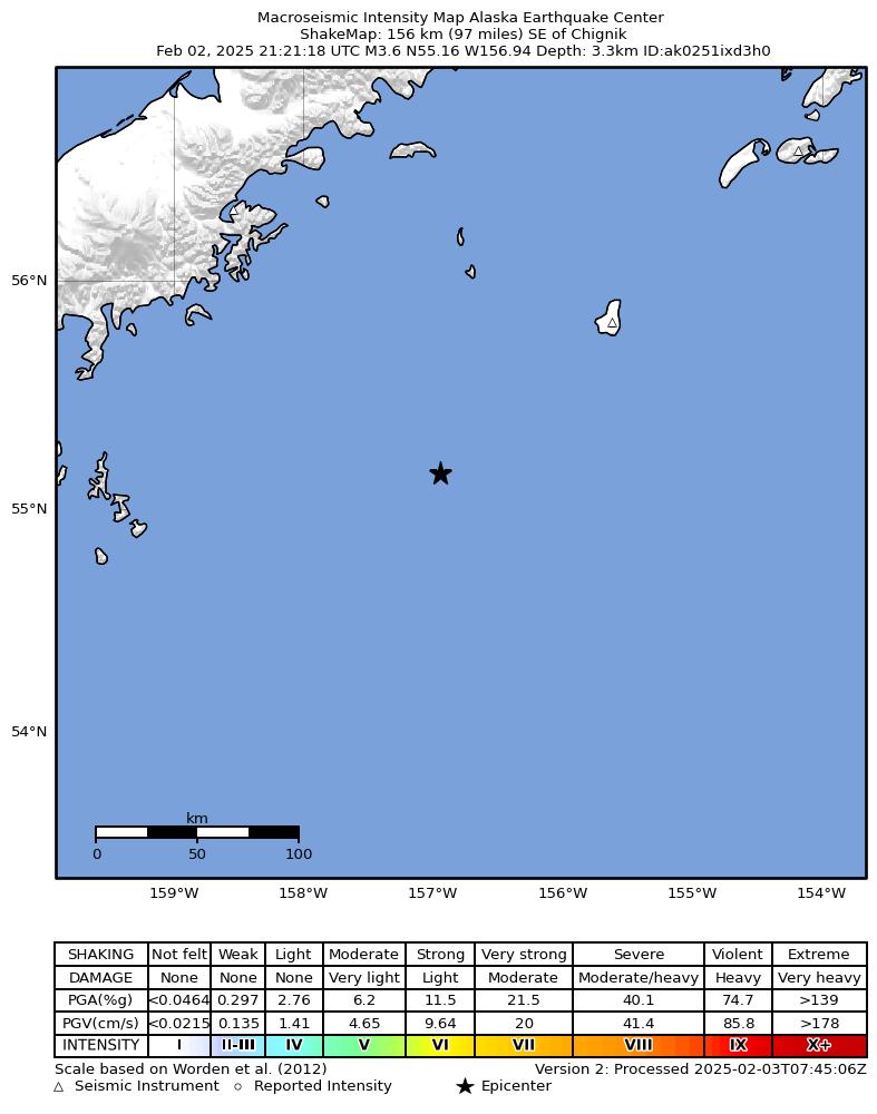 USGS ShakeMap intensity contours for the M3.6 earthquake near 157 km SE of Chignik, Alaska