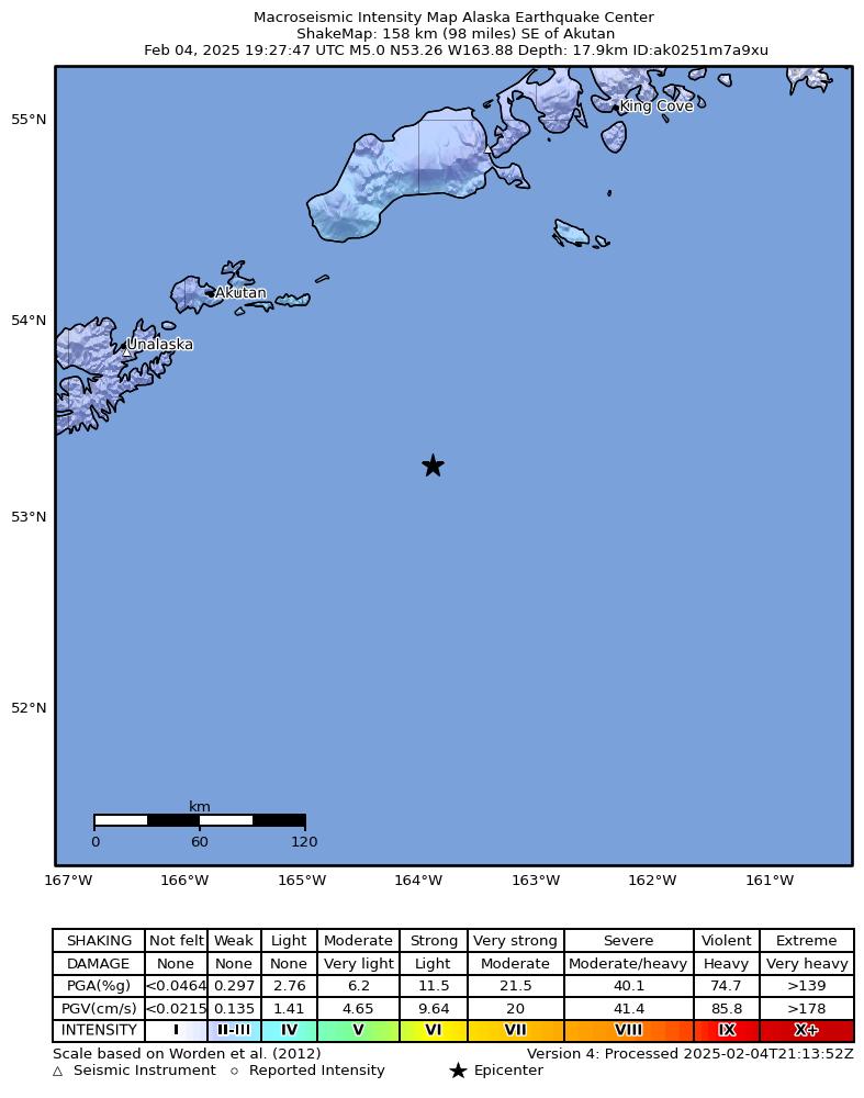 USGS ShakeMap intensity contours for the M5.0 earthquake near 151 km SE of Akutan, Alaska