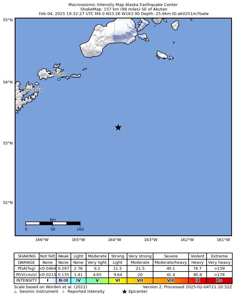 USGS ShakeMap intensity contours for the M4.6 earthquake near 151 km SE of Akutan, Alaska
