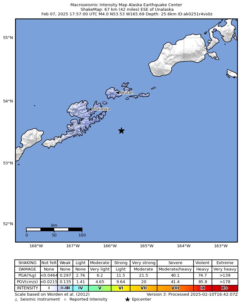 USGS ShakeMap intensity contours for the M4.1 earthquake near 52 km ESE of Unalaska, Alaska