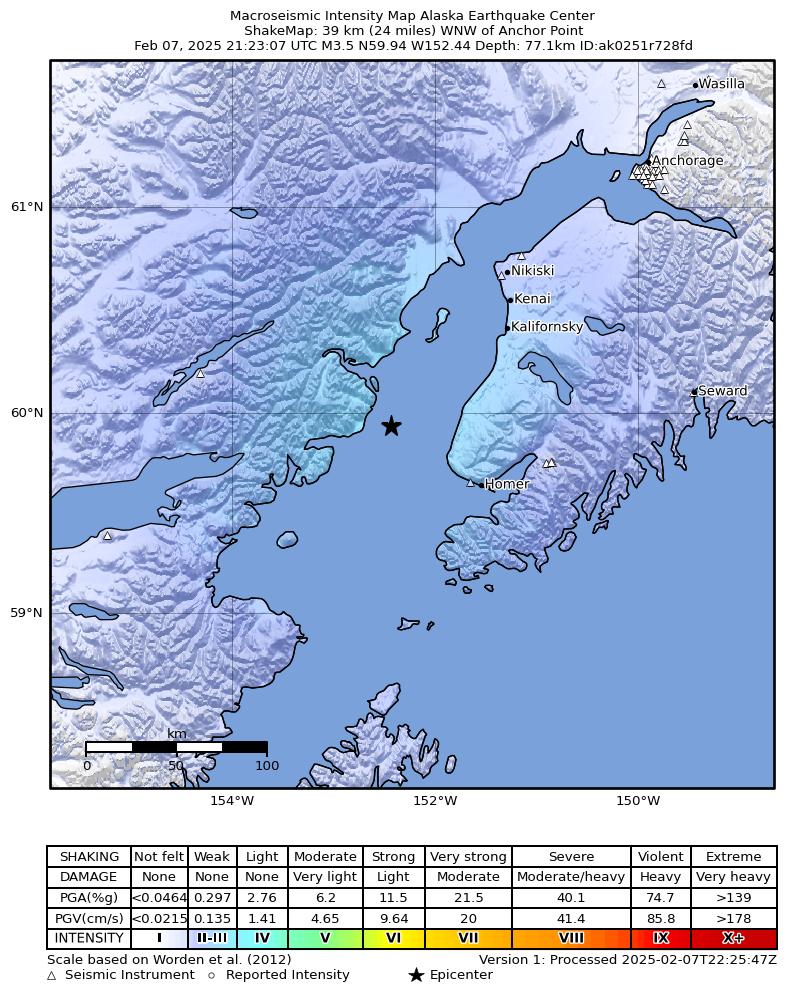 USGS ShakeMap intensity contours for the M3.6 earthquake near 38 km WNW of Anchor Point, Alaska
