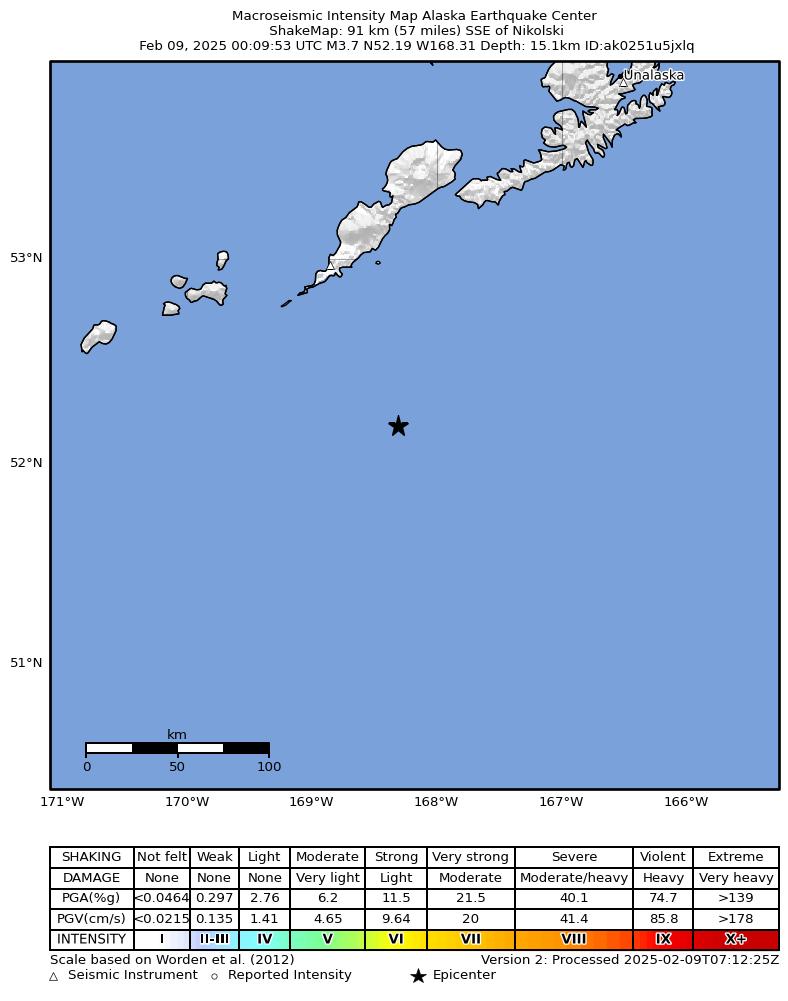 USGS ShakeMap: estimated shaking intensity around the epicenter