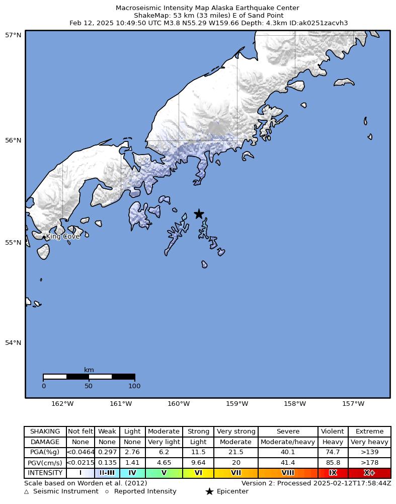 USGS ShakeMap: estimated shaking intensity around the epicenter