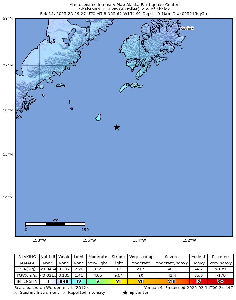 USGS ShakeMap intensity contours for the M5.7 earthquake near 155 km SSW of Akhiok, Alaska