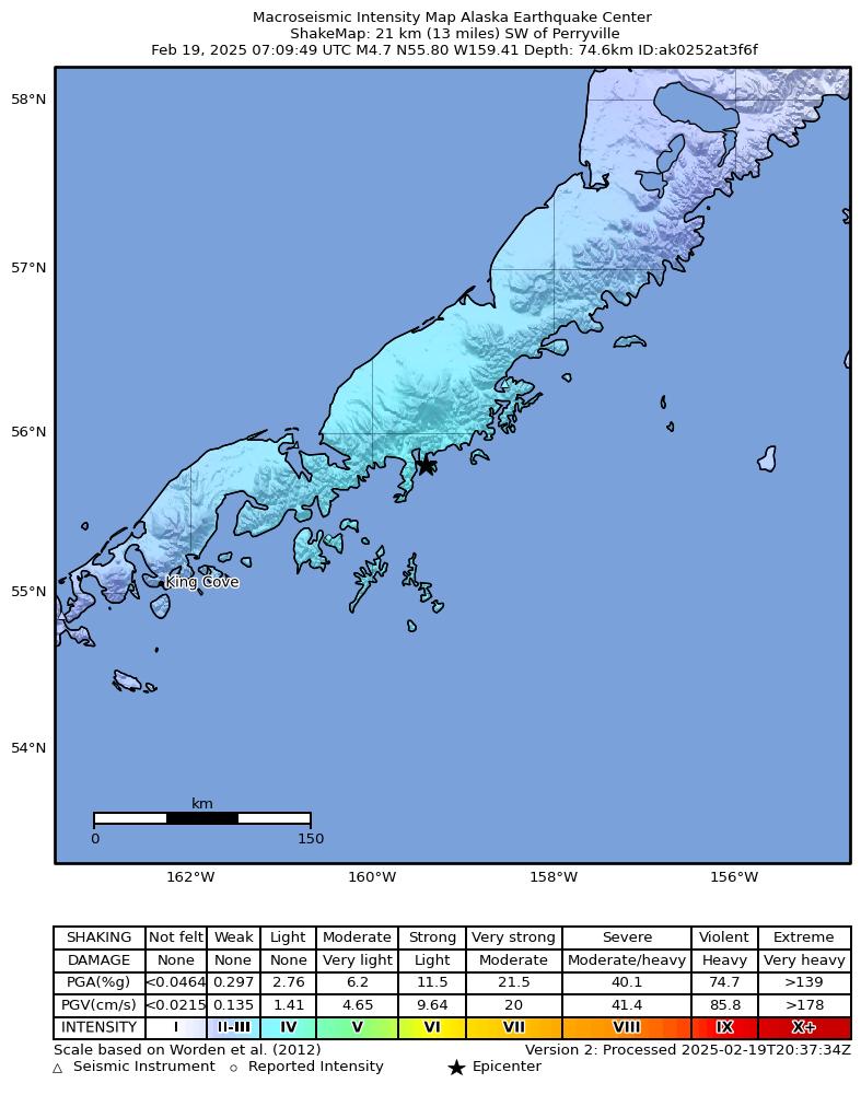 USGS ShakeMap intensity contours for the M4.7 earthquake near 11 km SSE of Ivanof Bay, Alaska