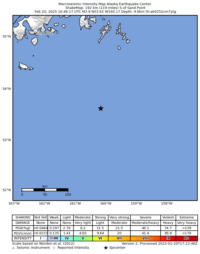 USGS ShakeMap intensity contours for the M4.2 earthquake near 202 km S of Sand Point, Alaska