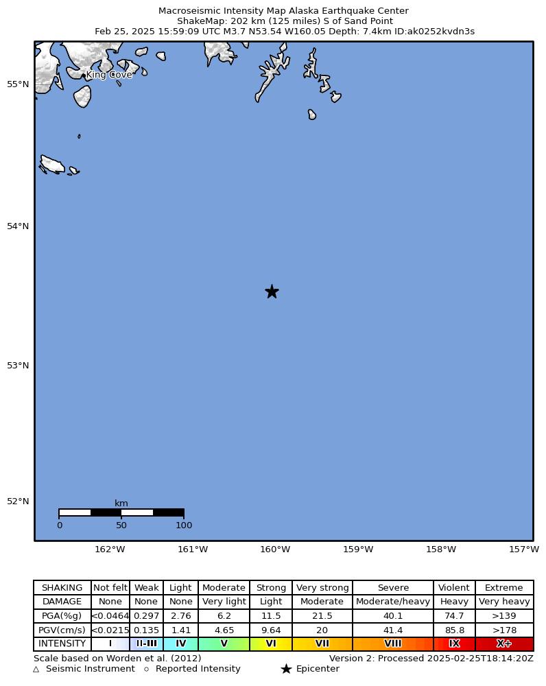 USGS ShakeMap: estimated shaking intensity around the epicenter