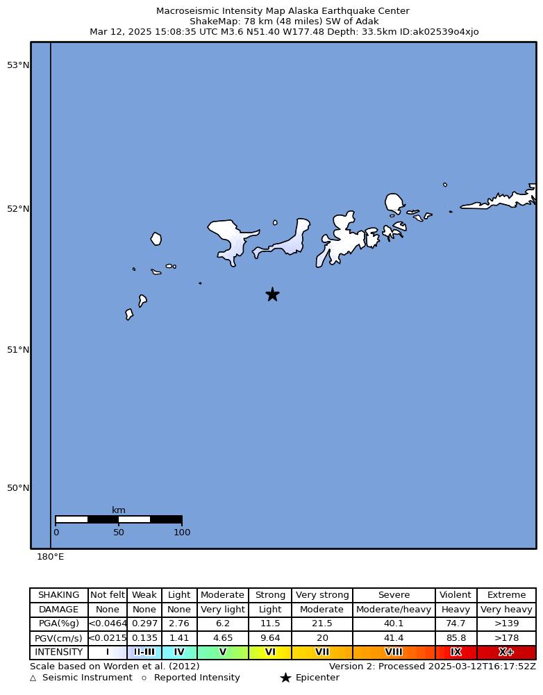 USGS ShakeMap: estimated shaking intensity around the epicenter