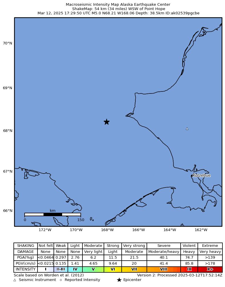 USGS ShakeMap intensity contours for the M4.8 earthquake near 74 km S of Point Hope, Alaska