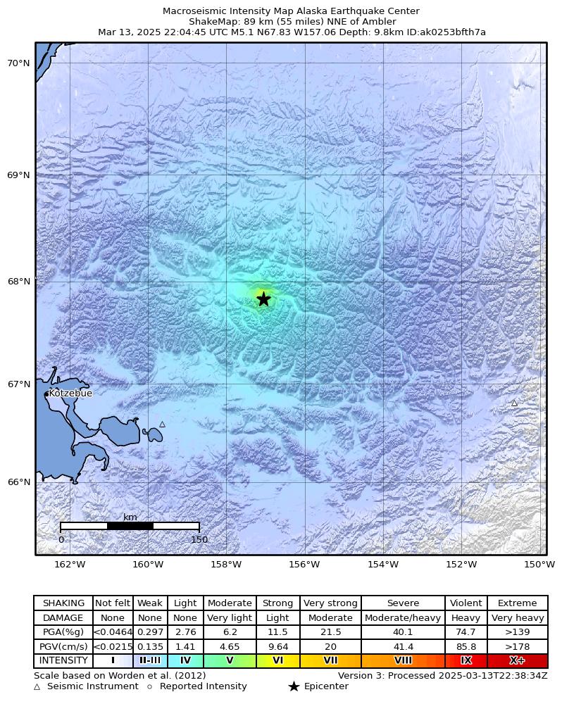 USGS ShakeMap intensity contours for the M4.8 earthquake near 89 km NNE of Ambler, Alaska
