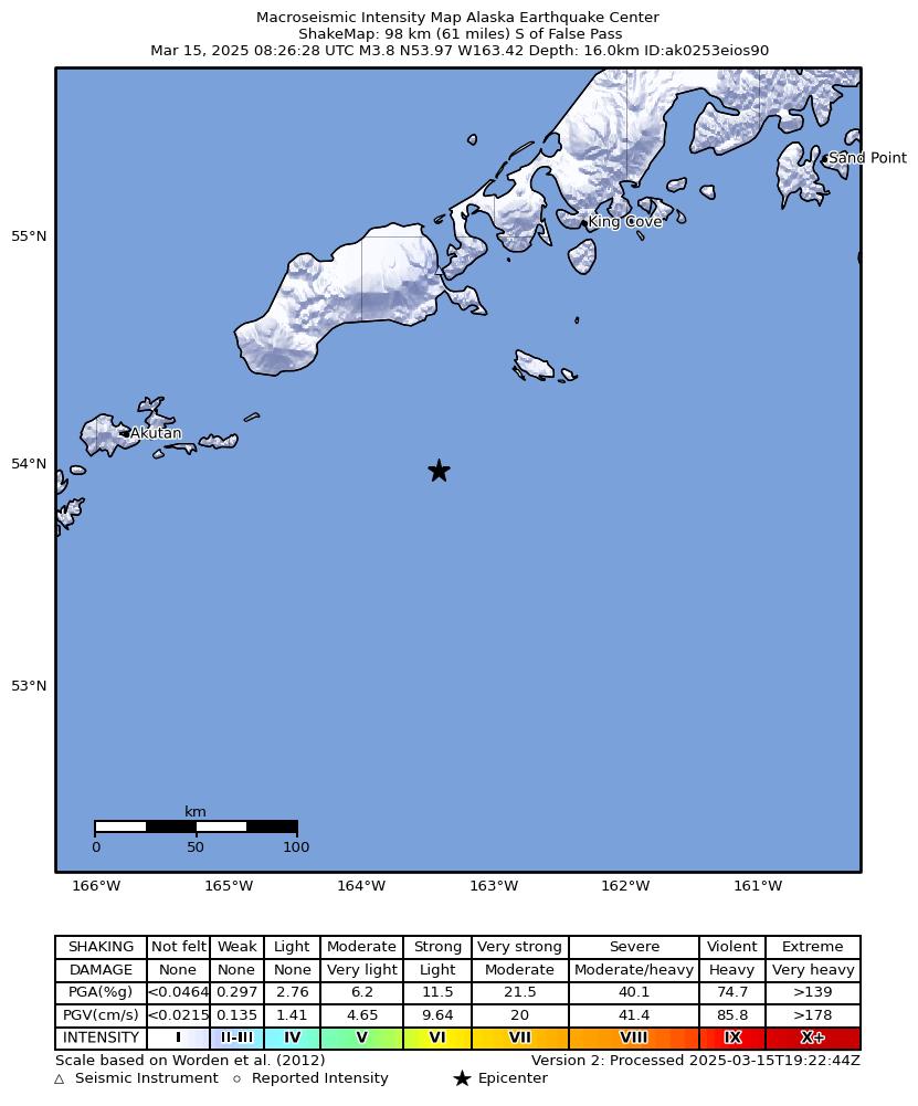 USGS ShakeMap: estimated shaking intensity around the epicenter