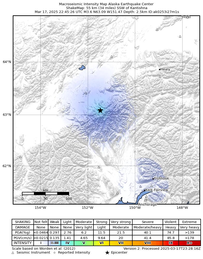 USGS ShakeMap intensity contours for the M3.9 earthquake near 52 km SSE of Denali National Park, Alaska