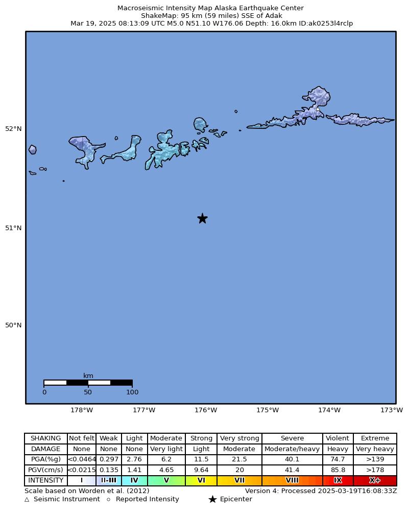 USGS ShakeMap intensity contours for the M5.0 earthquake near 98 km SSE of Adak, Alaska