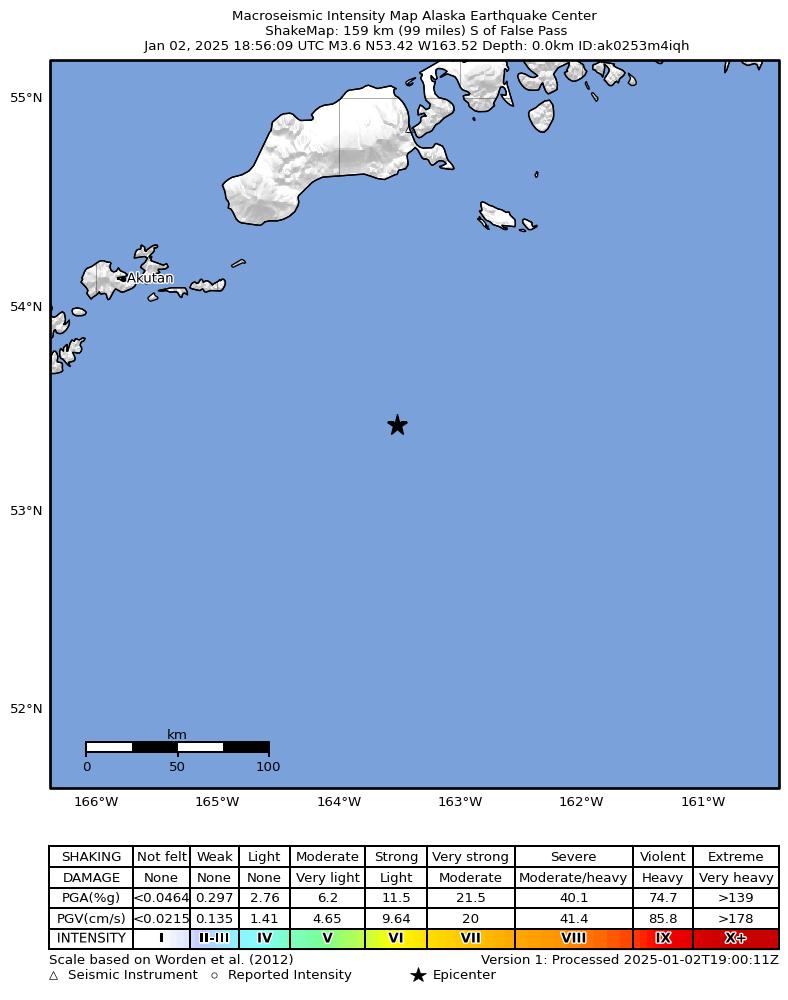 USGS ShakeMap intensity contours for the M4.0 earthquake near 141 km S of False Pass, Alaska