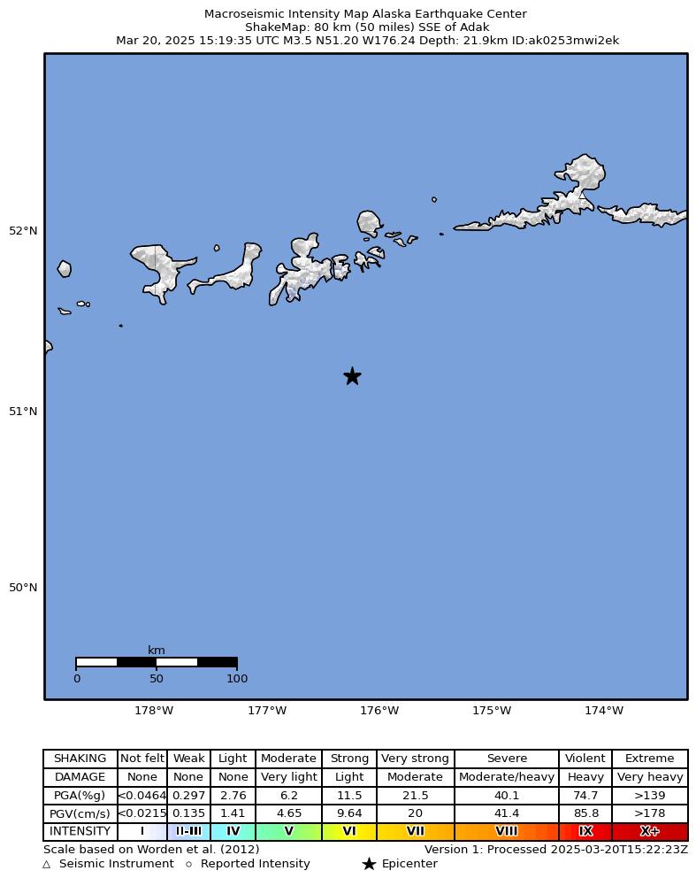 USGS ShakeMap: estimated shaking intensity around the epicenter