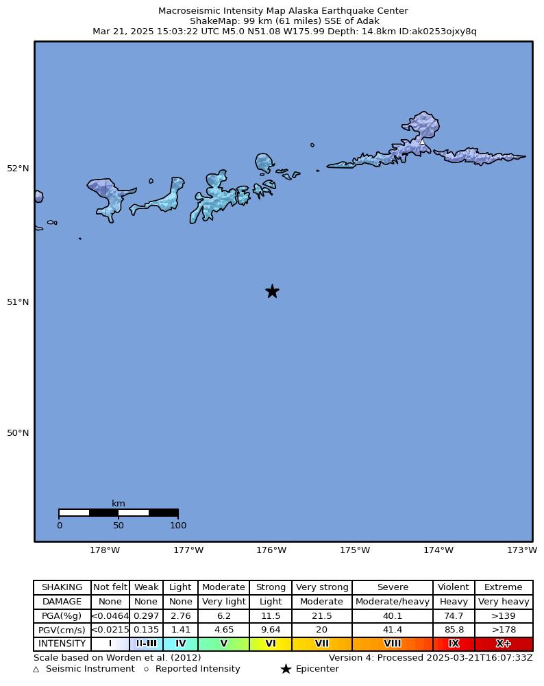 USGS ShakeMap intensity contours for the M5.0 earthquake near 85 km SSE of Adak, Alaska