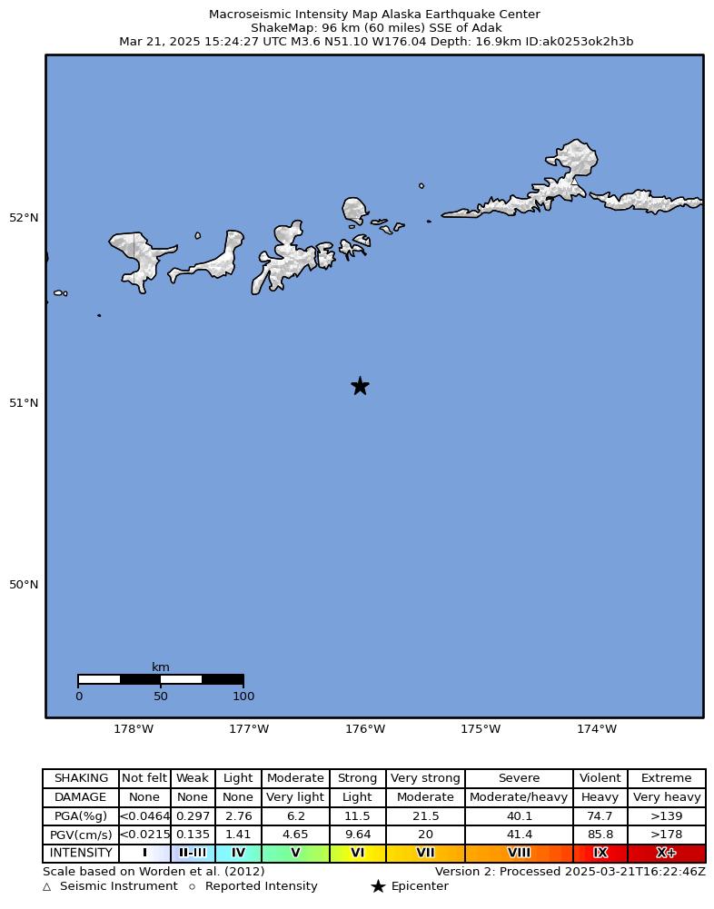 USGS ShakeMap: estimated shaking intensity around the epicenter