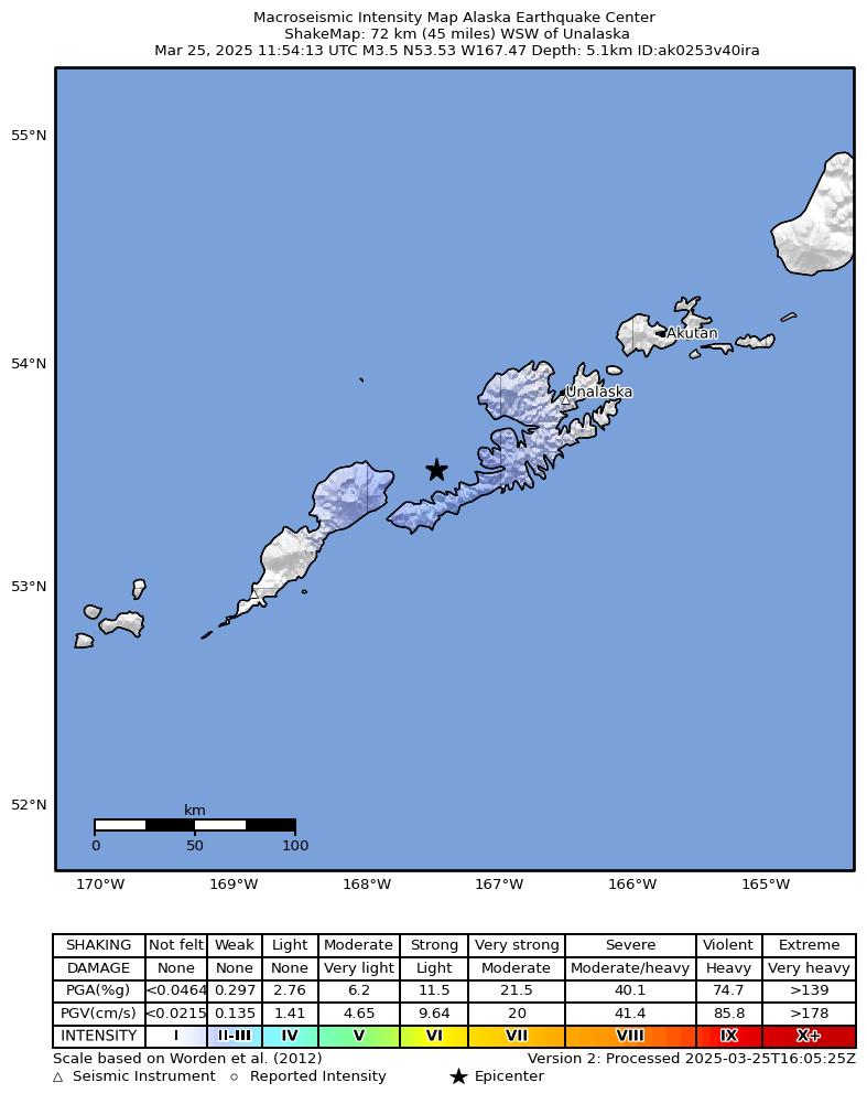 USGS ShakeMap: estimated shaking intensity around the epicenter