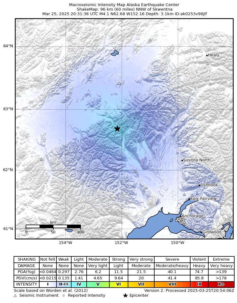 USGS ShakeMap intensity contours for the M4.0 earthquake near 73 km WNW of Petersville, Alaska