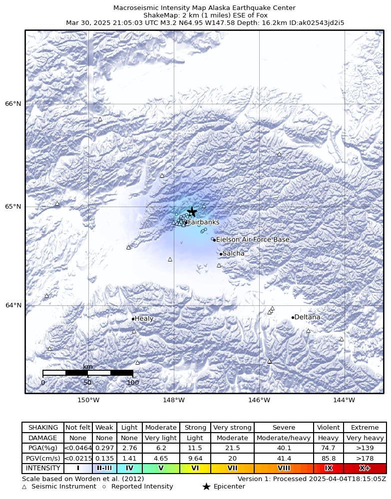 USGS ShakeMap intensity contours for the M3.2 earthquake near 2 km SE of Fox, Alaska