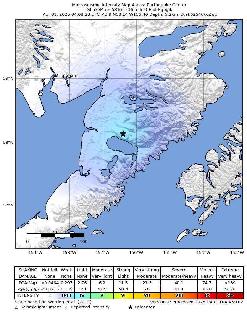 USGS ShakeMap: estimated shaking intensity around the epicenter