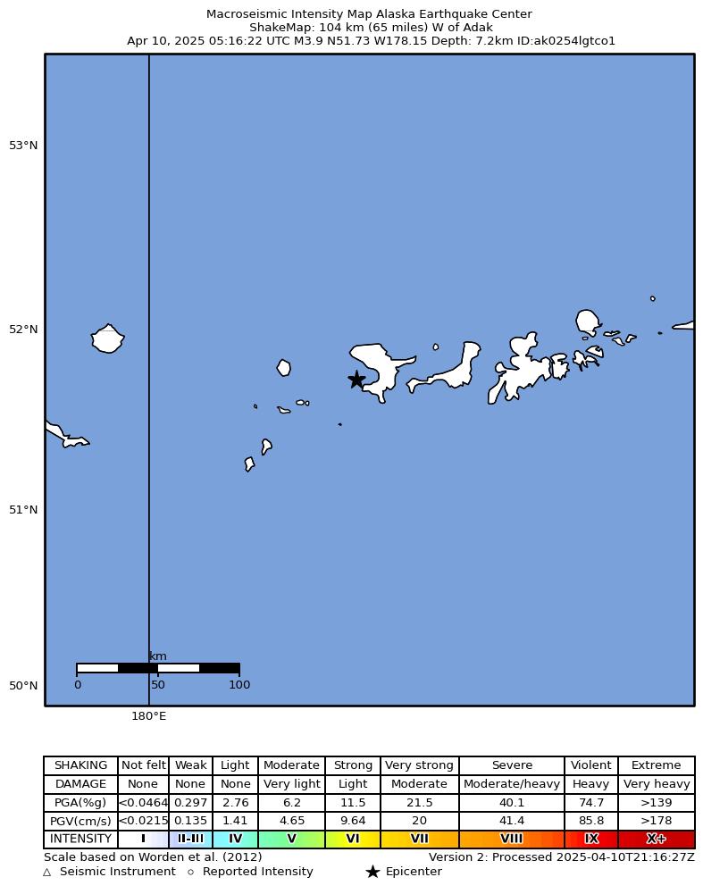 USGS ShakeMap: estimated shaking intensity around the epicenter