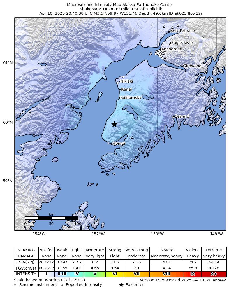 USGS ShakeMap intensity contours for the M3.3 earthquake near 14 km SE of Ninilchik, Alaska