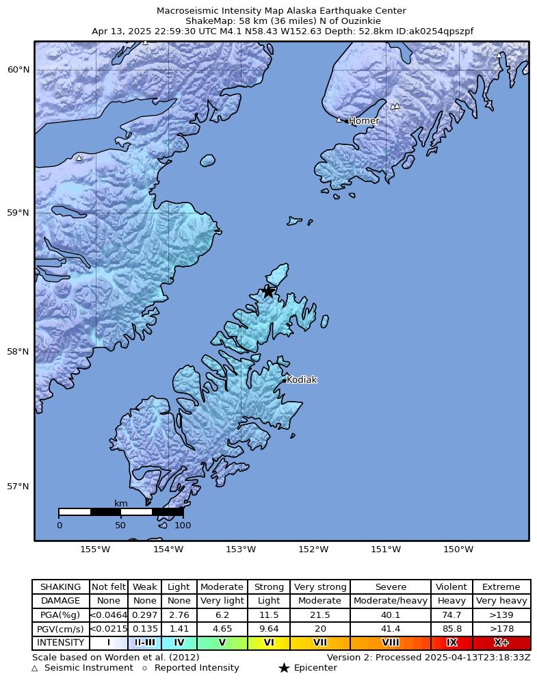 USGS ShakeMap intensity contours for the M4.2 earthquake near 44 km NNE of Aleneva, Alaska