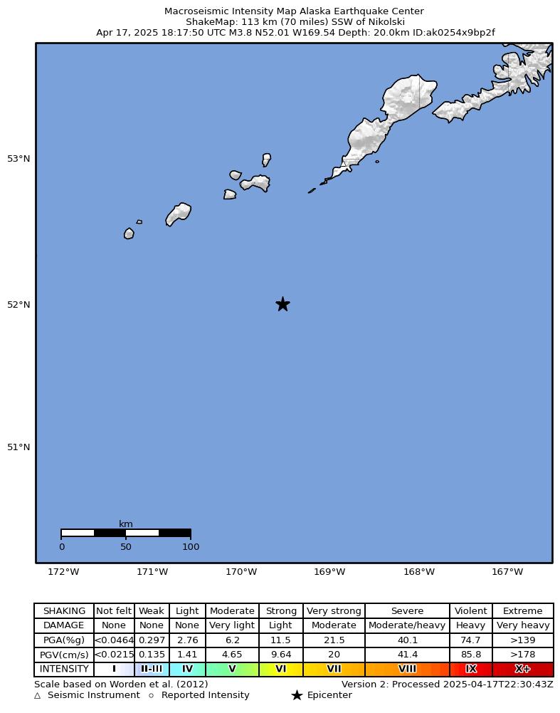 USGS ShakeMap intensity contours for the M4.3 earthquake near 113 km SSW of Nikolski, Alaska