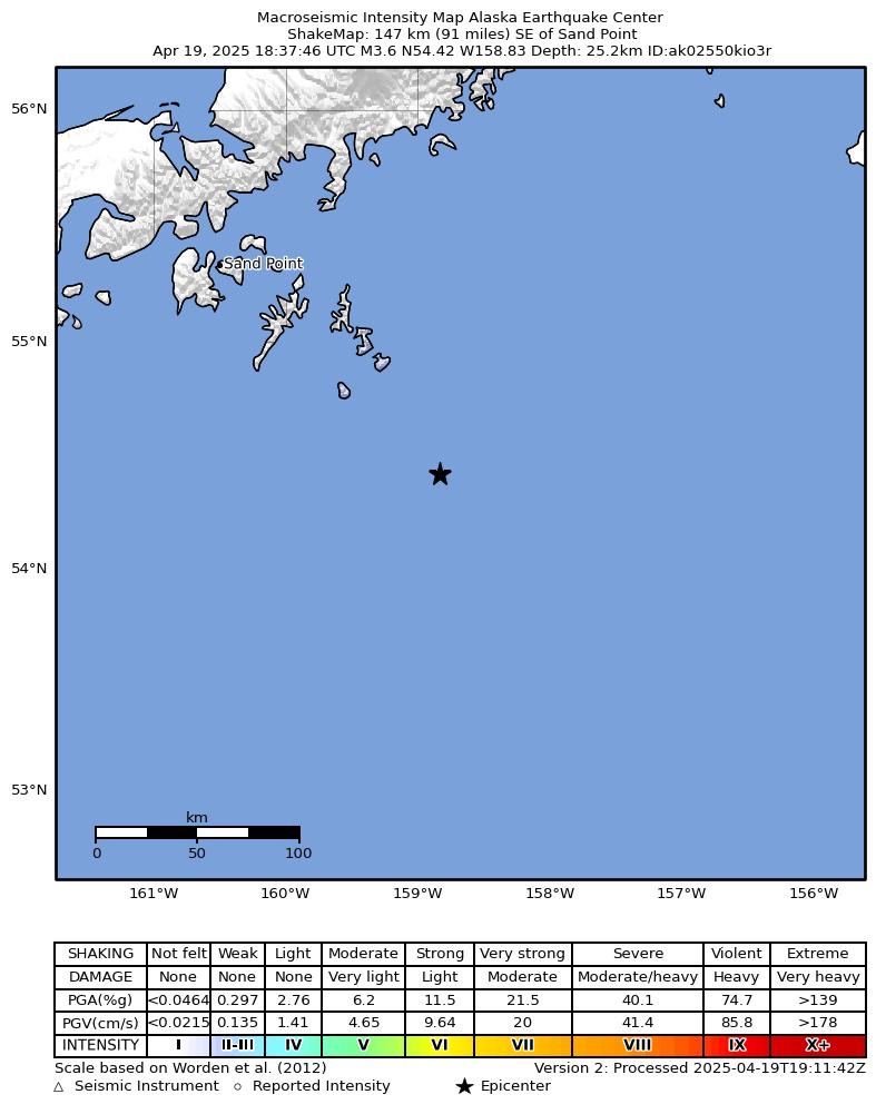 USGS ShakeMap intensity contours for the M3.6 earthquake near 148 km SE of Sand Point, Alaska