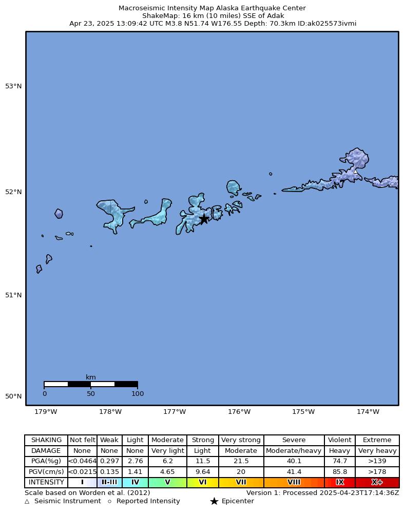 USGS ShakeMap: estimated shaking intensity around the epicenter